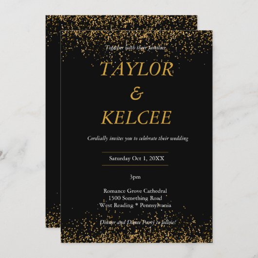 黒と金ゴールドエレガントのカスタマイ結婚ズ 招待状 (正面/裏面)