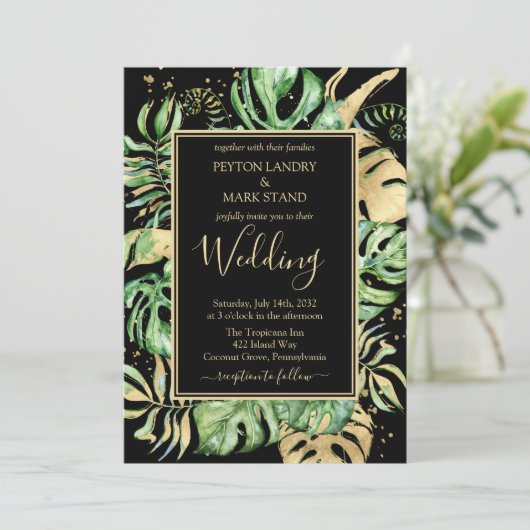 黒と金ゴールドエレガントのトロピカル結婚リーフ 招待状 (スタンド正面)