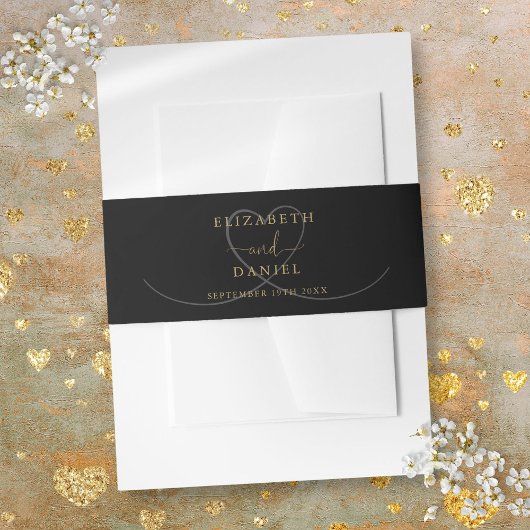 黒と金ゴールドエレガントのハート結婚 招待状ベリーバンド