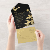 黒と金ゴールドエレガントのボ結婚タン オールインワン招待状 (貼ってはがせる)