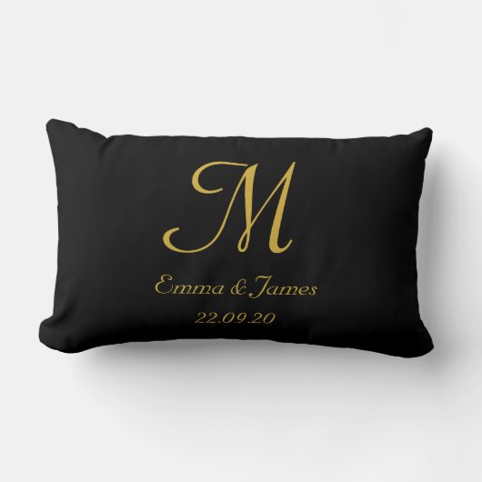 黒と金ゴールドエレガントのモノグラムスクリプト名 ランバークッション (正面)