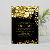 黒と金ゴールドエレガントのヴィンテージレ結婚ース 箔招待状 (立ち正面)