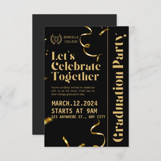 黒と金ゴールドエレガントの卒業パーティー招待状 招待状 (正面/裏面)