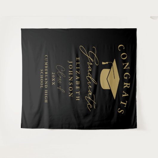 黒と金ゴールドエレガントの卒業写真の背景 タペストリー (正面(横))