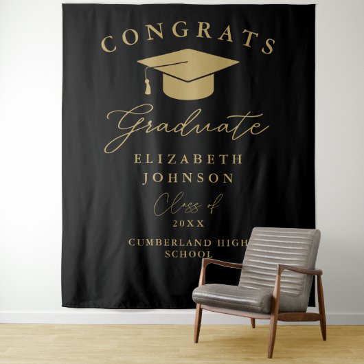 黒と金ゴールドエレガントの卒業写真の背景 タペストリー (インサイチュ)