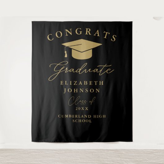 黒と金ゴールドエレガントの卒業写真の背景 タペストリー (正面)