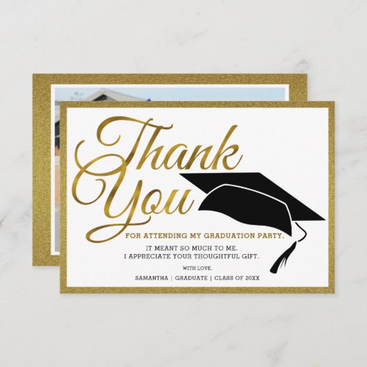 黒と金ゴールドエレガントの大学院写真卒業 サンキューカード (正面/裏面)