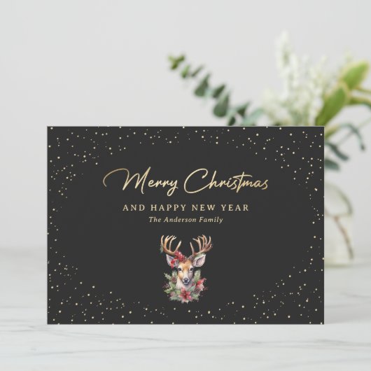 黒と金ゴールドエレガントの格子模様のメリークリスマス シーズンカード (スタンド正面)