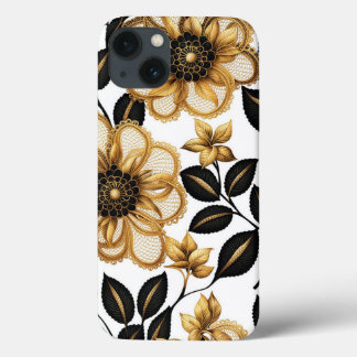 黒と金ゴールドエレガントの花柄 iPhone 13ケース