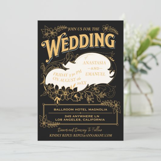 黒と金ゴールドエレガントの華美結婚フローラ 招待状 (スタンド正面)