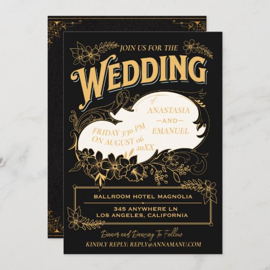 黒と金ゴールドエレガントの華美結婚フローラ 招待状 (正面/裏面)