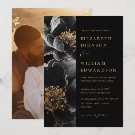 黒と金ゴールドエレガントシックフローラ結婚写真 招待状