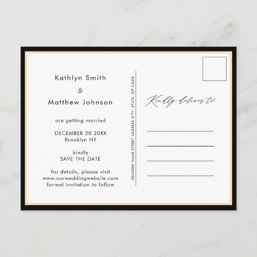 黒と金ゴールドエレガントスクリプト日付の保存 案内ポストカード (裏面)