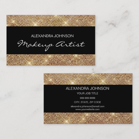 黒と金ゴールドエレガントスパークリーのメイクアップアーティスト 名刺 (正面/裏面)