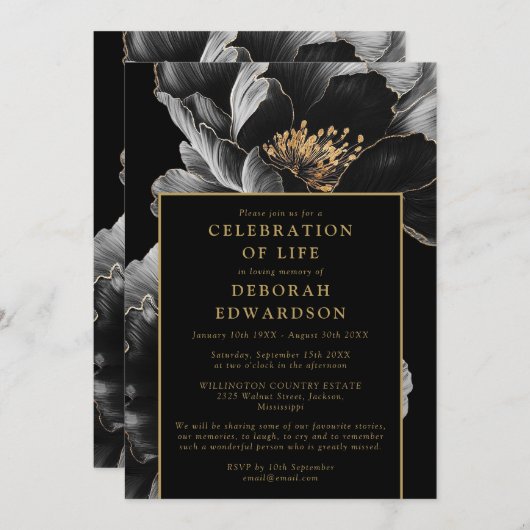 黒と金ゴールドエレガントフローラのお祝い 招待状 (正面/裏面)