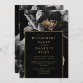 黒と金ゴールドエレガントフローラの退職パーティー 招待状 (正面/裏面)