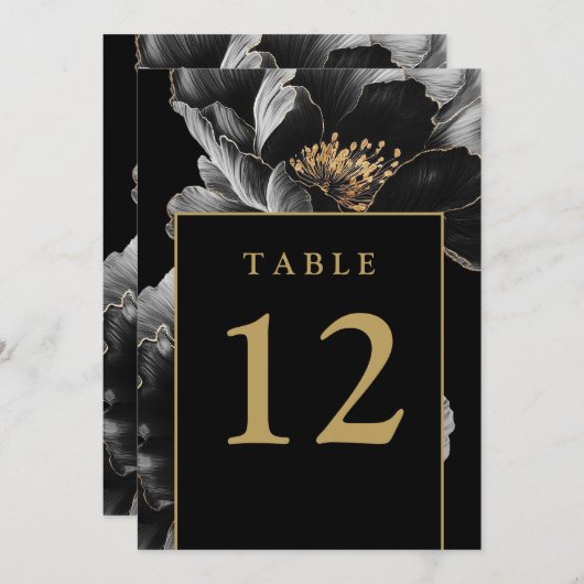 黒と金ゴールドエレガントフローラシックなテーブル番号 招待状 (正面/裏面)