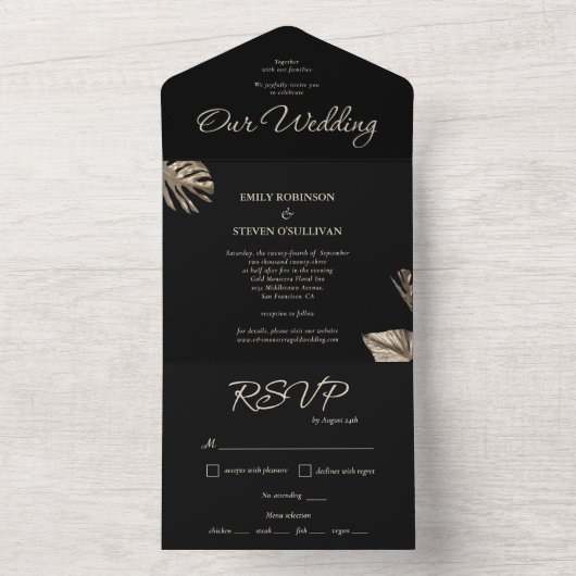 黒と金ゴールドエレガントミニマルのボタ結婚ニカル オールインワン招待状 (内側)