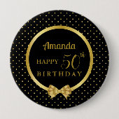黒と金ゴールドエレガントリボン50誕生日 缶バッジ (正面)