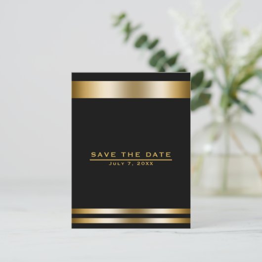 黒と金ゴールドエレガント婚約日付の保存 ポストカード (スタンド正面)