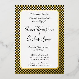 黒と金ゴールドエレガント市松模様に大理石 箔招待状