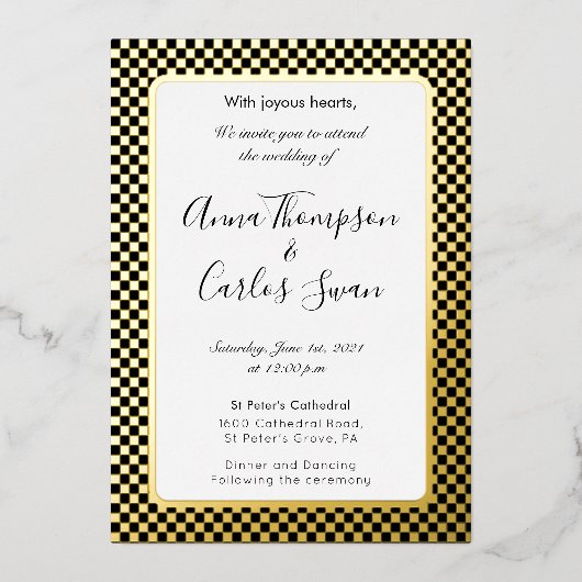 黒と金ゴールドエレガント市松模様に大理石 箔招待状 (正面)