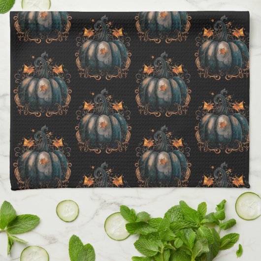 黒と金ゴールドカボチャ離れのパターンハロウィン キッチンタオル (折り畳み)