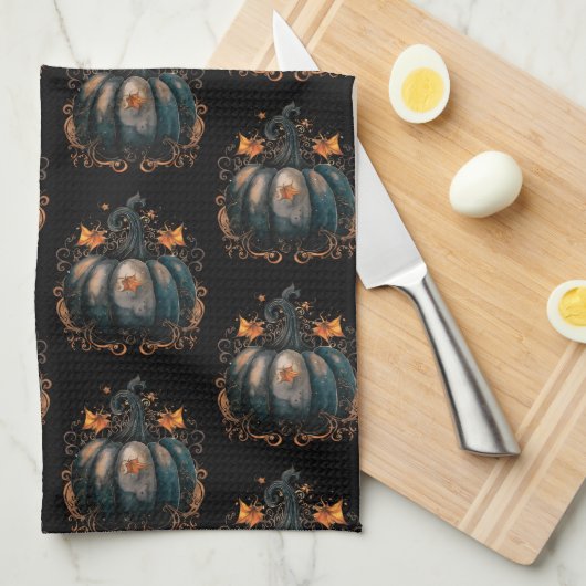 黒と金ゴールドカボチャ離れのパターンハロウィン キッチンタオル (四つ折り)