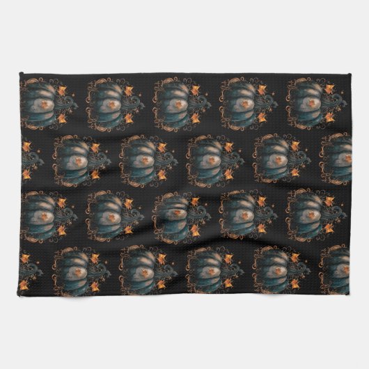黒と金ゴールドカボチャ離れのパターンハロウィン キッチンタオル (横)