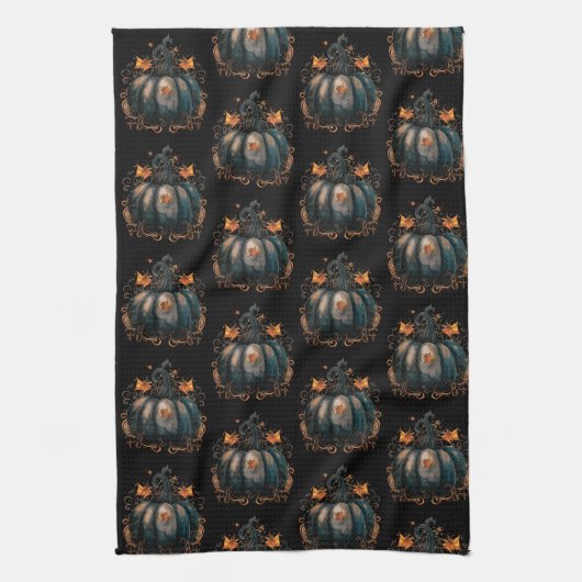 黒と金ゴールドカボチャ離れのパターンハロウィン キッチンタオル (縦)