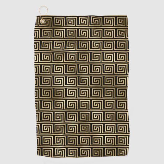 黒と金ゴールドギリシャ鍵パターン ゴルフタオル (正面)