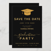 黒と金ゴールドクラシックの卒業の日付を保存 招待状 (正面/裏面)