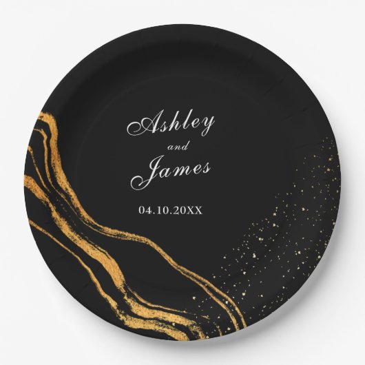 黒と金ゴールドクラシック結婚の ペーパープレート (正面)