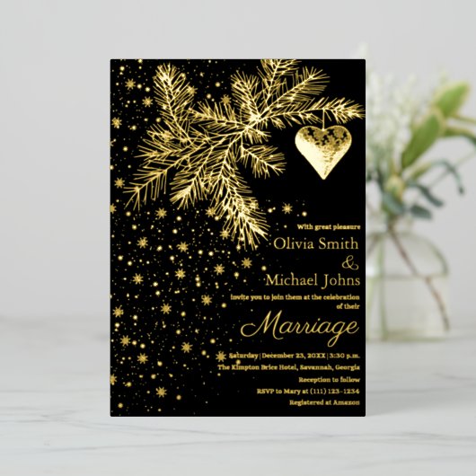 黒と金ゴールドクリスマスウィンターウェディング招待状 箔シーズンカード (立ち正面)