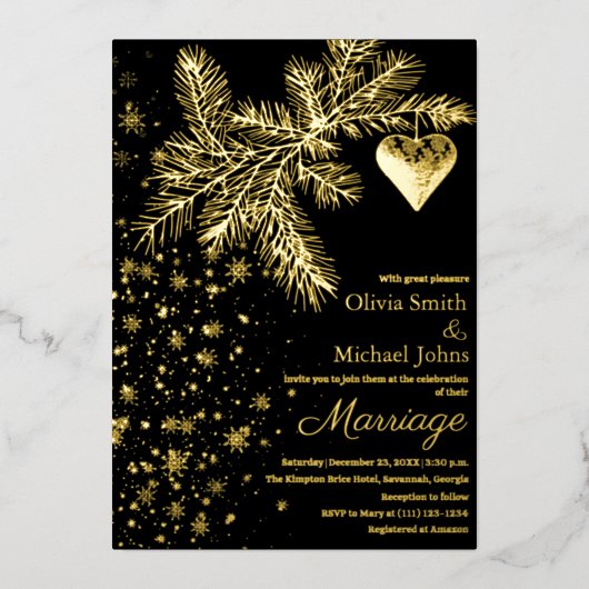 黒と金ゴールドクリスマスウィンターウェディング招待状 箔シーズンカード (正面)