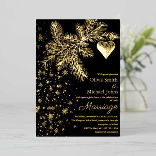 黒と金ゴールドクリスマスウィンターウェディング招待状 箔シーズンカード (立ち正面)