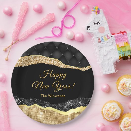 黒と金ゴールドグラムティアーハッピーニューイヤー ペーパープレート (パーティー)