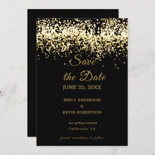 黒と金ゴールドグリッター日付の保存招待状 招待状 (正面/裏面)