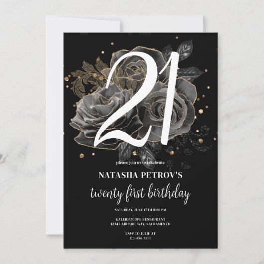 黒と金ゴールドグリッター21歳の誕生日パーティー 招待状 (正面)