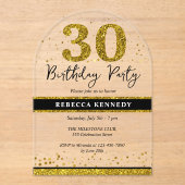 黒と金ゴールドグリッター30歳の誕生日パーティー アクリル招待状 (正面)