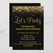 黒と金ゴールドグリッター30歳の誕生日レッツパーティー 招待状 (正面/裏面)