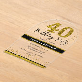 黒と金ゴールドグリッター40歳の誕生日パーティー アクリル招待状 (レイダウン)