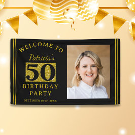 黒と金ゴールドグリッター50th誕生日パーティーの写真 横断幕
