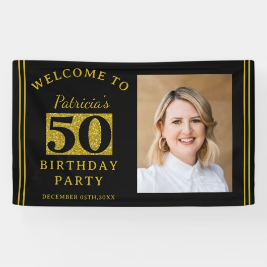 黒と金ゴールドグリッター50th誕生日パーティーの写真 横断幕 (横)