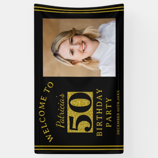 黒と金ゴールドグリッター50th誕生日パーティーの写真 横断幕 (縦)