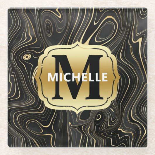 黒と金ゴールドゲードストラタ質感 ガラスコースター (正面)