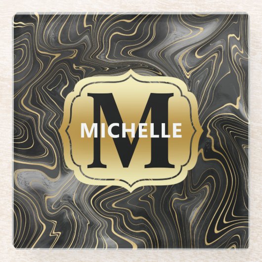 黒と金ゴールドゲードストラタ質感 ガラスコースター (正面)