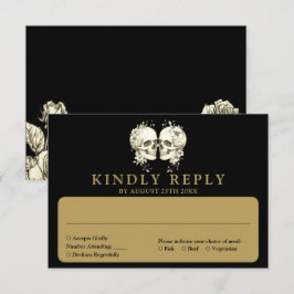 黒と金ゴールドゴシックのフローラスカル結婚ズ 出欠カード