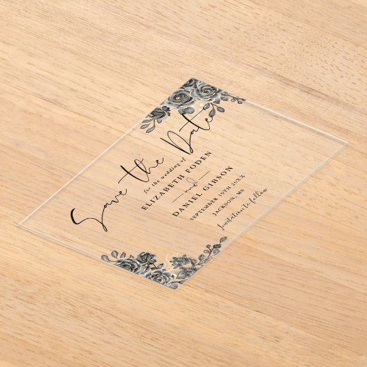 黒と金ゴールドゴシックのフローラ結婚式の日付を保存 アクリル招待状 (レイダウン)