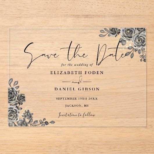 黒と金ゴールドゴシックのフローラ結婚式の日付を保存 アクリル招待状 (正面)